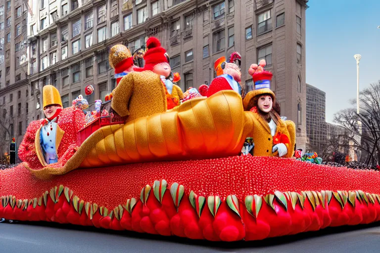 Prompt: photo of giant beautiful elaborate parade float designed by wes anderson, in the macys parade, detailed 4 k photo,