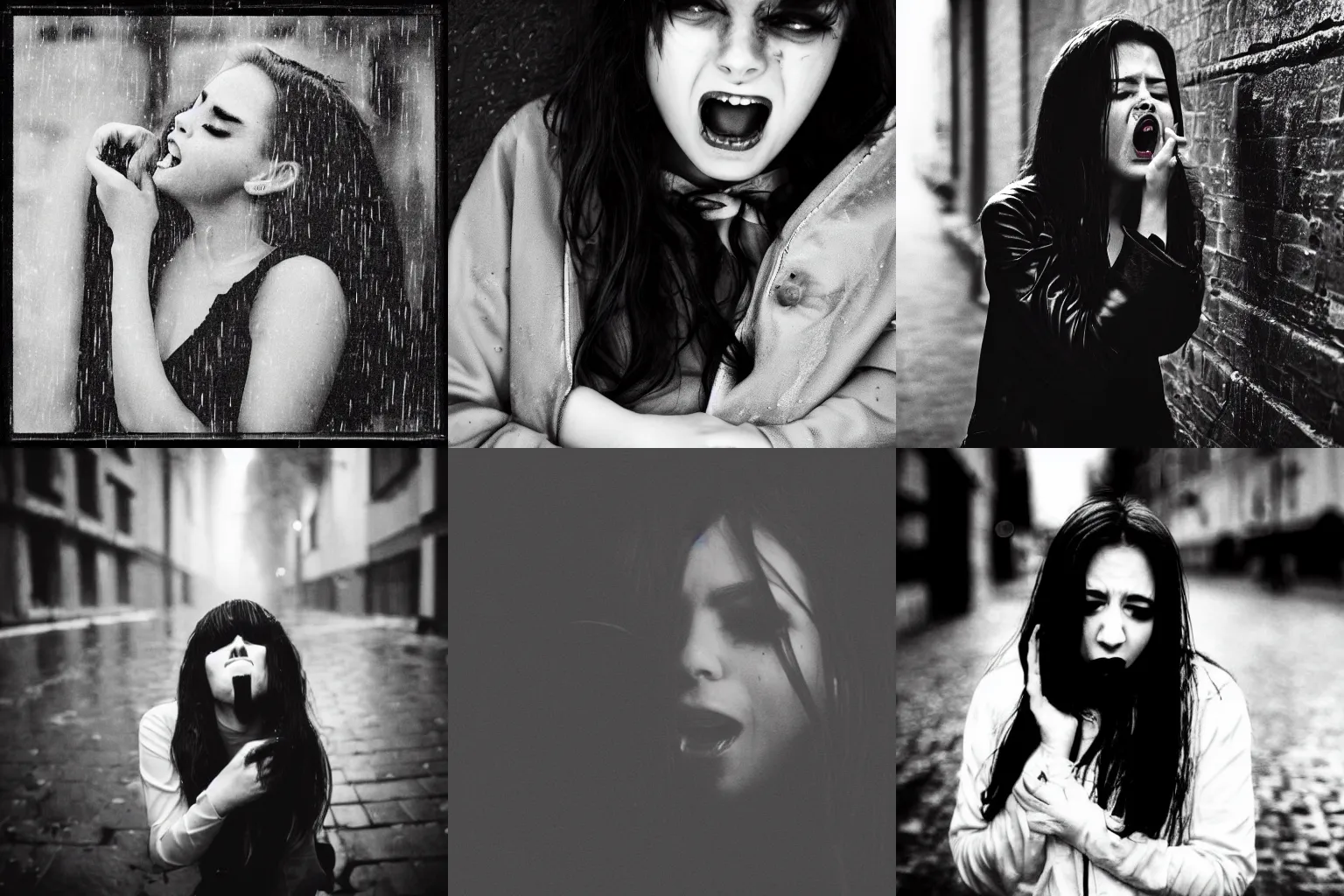 Prompt: cute female vampire crying in a rainy alley at night, black and white photograph, album cover