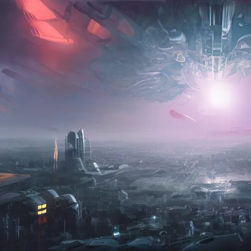 Image similar to a large alien creature standing over a city in fog. rain storm. in anime style, dark color, ultra wide angle, panoramic, fish eye, colorfull painting, centered, front, horizont, outline, stars, gundam, detailed, art by stephan martiniere, 4 k resolution