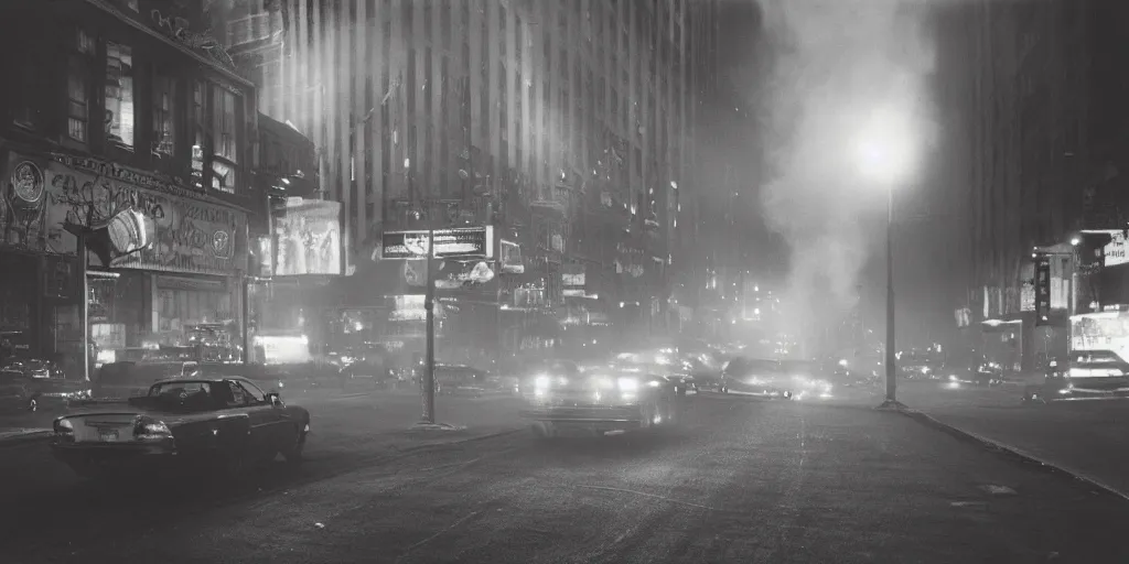 Prompt: a high resolution photo of a new york street at night surrounded with smoke and cars with bright headlights by joel meyerowitz, realistic photo, leica, magnum award winning photograph, parallax photography ,