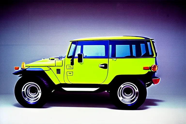 Image similar to designed by giorgetto giugiaro stylized poster of a single toyota fj cruiser concept, thick neon lights, ektachrome photograph, volumetric lighting, f 8 aperture, cinematic eastman 5 3 8 4 film