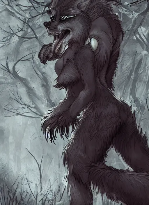 Image similar to werewolf girl in a dark forest, anthropomorphic, sharp teeth, trending on artstation