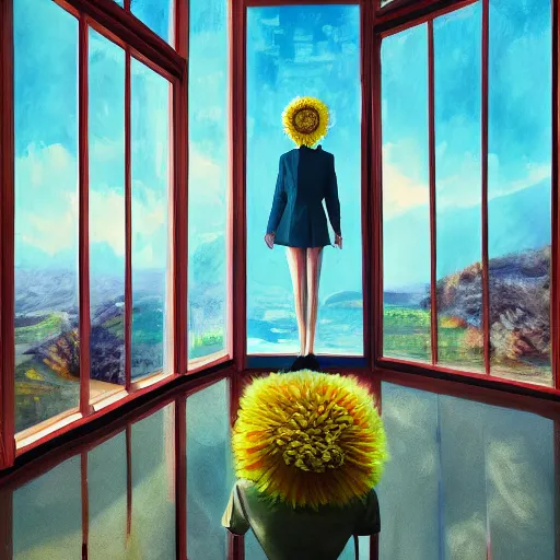 Prompt: huge daisy flower head, woman in suit, standing in front of modern window in luxury apartment, surreal photography, sunlight, impressionist painting, digital painting, artstation, simon stalenhag