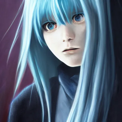 Image similar to full face shot of rimuru tempest, sky blue straight hair, long bangs, with amber eyes, wearing a black jacket, high collar, ultra detailed, brush strokes, skin texture, digital painting, cinematic, wlop artstation, closeup, pixiv, eerie, scary, intimidating glare, evil, junji ito, yoshitaka amano