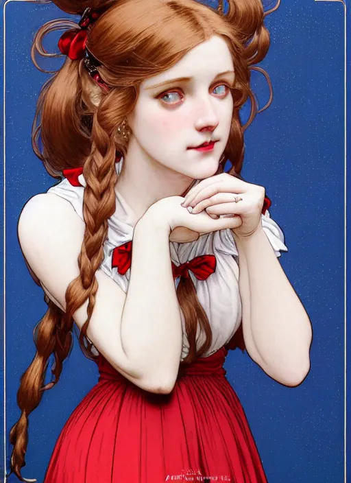 Image similar to close up portrait of wendy thomas, pale young woman with dark freckles and bright red pigtails and blue bows, blue dress with lace ruffles by artgerm, cushart krenz, greg rutkowski, mucha. art nouveau. gloomhaven, golden arches logo, pale colors, sharp edges. ultra clear detailed. 8 k. elegant, intricate, octane render