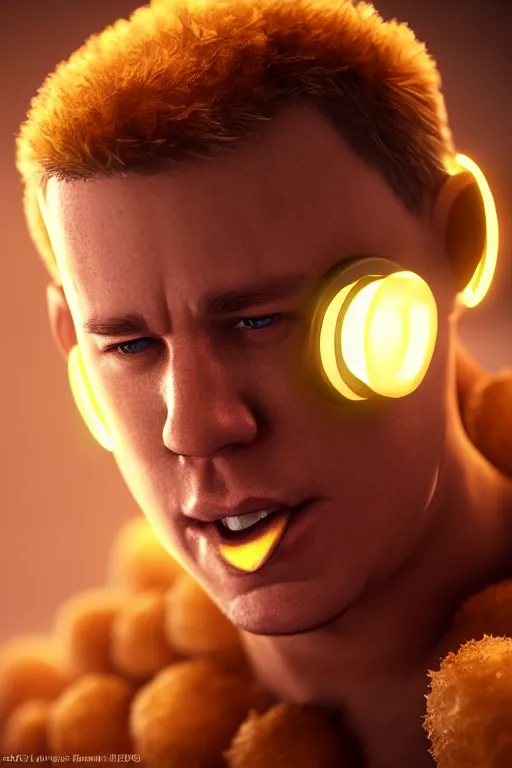 Image similar to channing tatum in a tater tot costume, tater tot face, ef 8 5 mm f 1. 8 usm, bionic scifi alexandre ferra, hyper detailed, digital art, trending in artstation, cinematic lighting, studio quality, smooth render, unreal engine 5 rendered, octane rendered