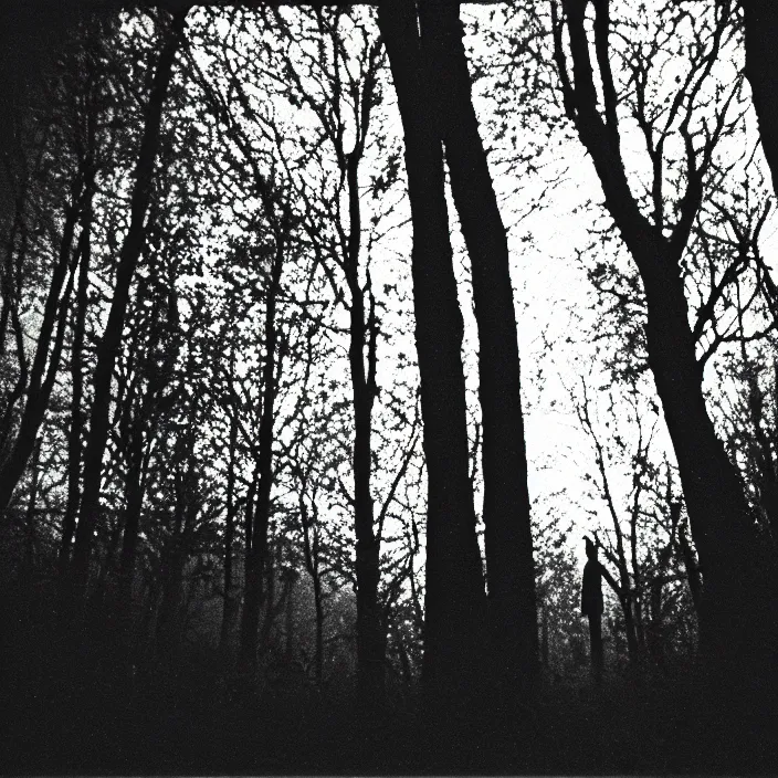 Prompt: a creepy and slender shadowy figure with long limbs in the dark woods at night, 35 mm, film shot