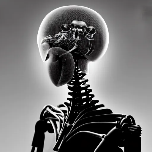 Image similar to black and white dreamy foggy smoky profile face portrait, single skeletal biomechanical beautiful young female cyclops - cyborg - robot bust, body ribs meshes,, volumetric light, rim light, by dora maar and cecile beaton, big gothic fashion pearl embroidered collar, 8 k