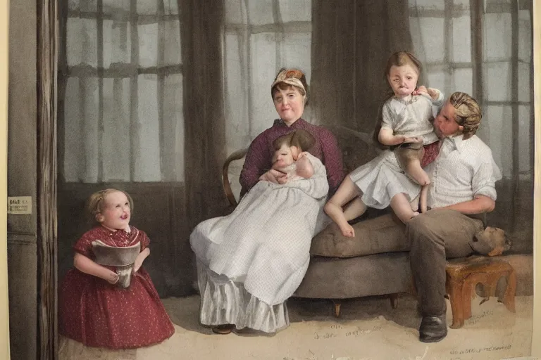 Image similar to charming and chubby parents and their very fat baby girl, wearing a polka dot cloths and a victorian - style hairdo, sits in the large and bright studio. sunlight enters through the barred window. delicate watercolor and pencil on canvas. beautiful lighting, 4 k post - processing, highly detailed, 5 k extremely detailed, 3 d. cinematic scene.