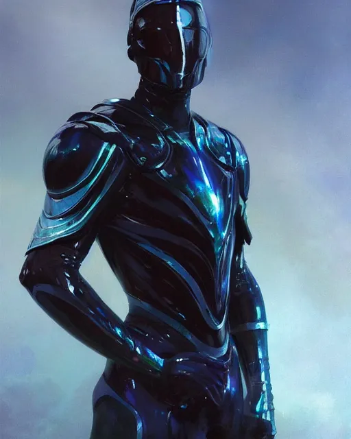 Image similar to character art of iridescent sinewy smooth muscular male sleek glossy bluish black pearlescent scifi armor with smooth black featureless helmet, by greg rutkowski, mark brookes, jim burns, tom bagshaw, magali villeneuve, eve ventrue, trending on artstation