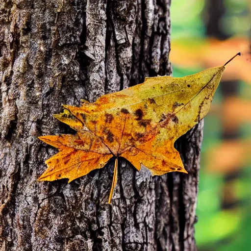 Image similar to realistic photo of a leave nailed with a rusty nail in a tree log, in a forest