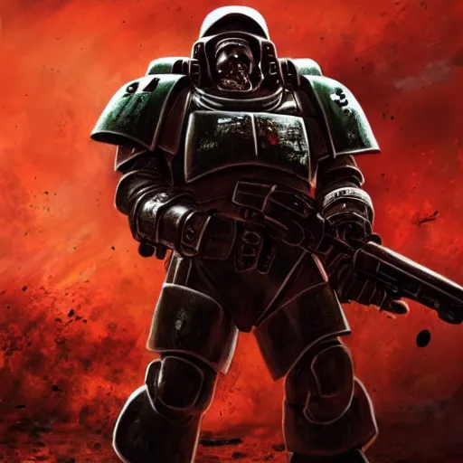 Prompt: heavy armor soldier wearing space marine like armor but in real life, walking in a river of blood full of human bloody dead bodies and human parts, shooting with his gun, explosions in background, painting style