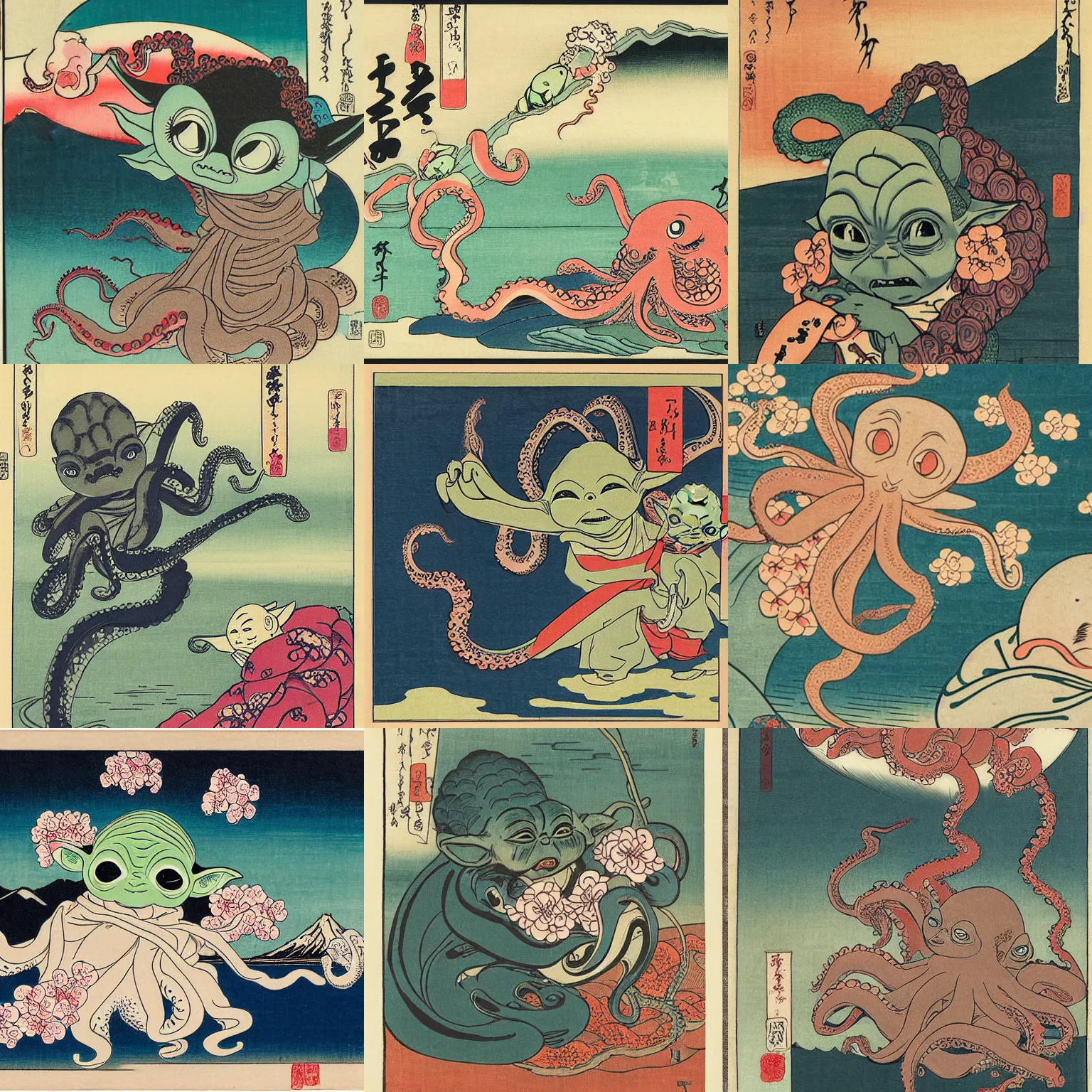 Prompt: baby yoda!!!! fighting octopus in front of Mt Fuji, cherry blossoms, Ukiyo-e by Utagawa Kuniyoshi