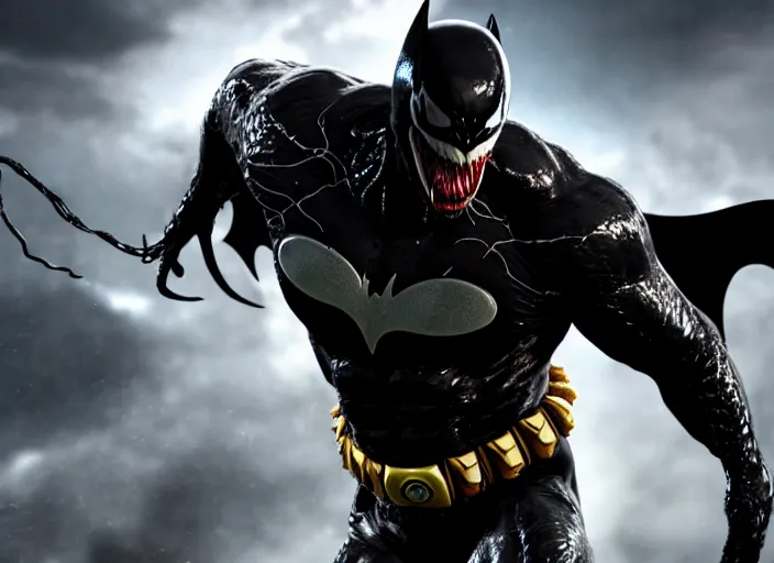 Image similar to venom fused with batman, ultra realistic 4 k unreal engine very cinematic render with ray tracing bloom ambient occlusion strong reflections