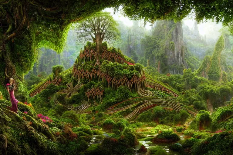 Image similar to a beautiful and highly detailed digital painting of an elven structure in a lush detailed forest in a beautiful valley, psychedelic trees and plants and flowers, celtic, intricate details, epic scale, 8 k, sharp focus, photorealism, artstation, cgsociety, by caspar friedrich, albert bierstadt, james gurney, brian froud,