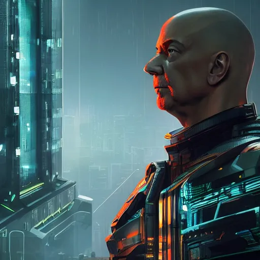 Image similar to front view, imposing, ominous portrait of Jeff Bezos as a cyberpunk 2077 loading screen, symmetry, front view, intricate, studio, art by anthony macbain + greg rutkowski + alphonse mucha, concept art, 4k, sharp focus