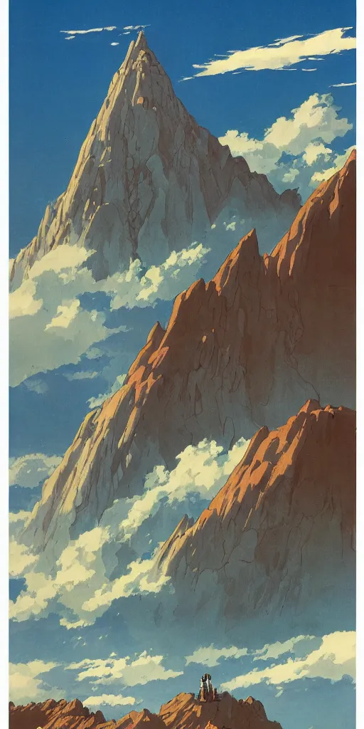 Prompt: an impossibly tall mountain that reaches the clouds, by vincent di fate nausicaa and ghibli