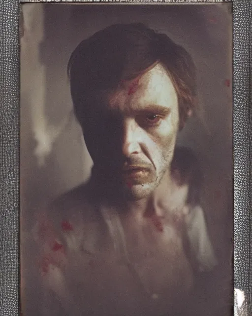 Prompt: an instant photo of a handsome but sinister ghost of a man in layers of fear, with violence in his eyes, 1 9 7 0 s, seventies, woodlands, delicate embellishments, a little blood, crimson, painterly, offset printing technique, by alexandre cabanel