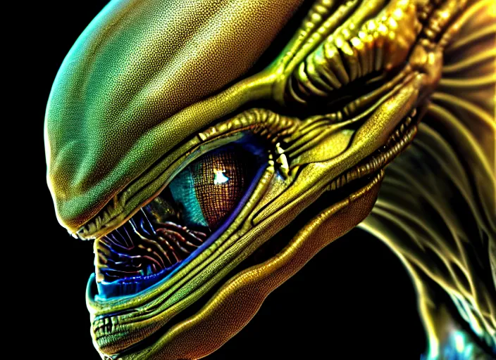 Image similar to hyperrealism, detailed textures, photorealistic 3 d render, an alien with crimsom coloured eyes in a super star system from 5 million years ago, sharp focus, ultra realistic, ultra high pixel detail, cinematic, intricate, cinematic light, concept art, illustration, art station, unreal engine 8 k