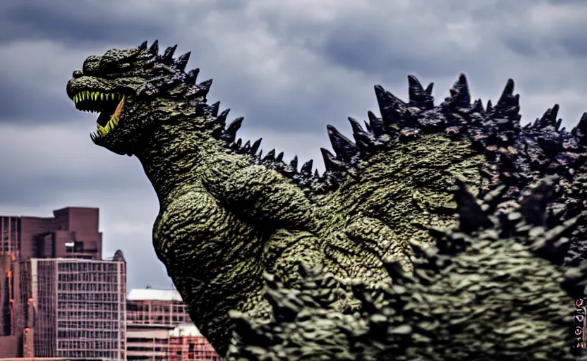 Image similar to photograph of Godzilla in Columbus Ohio, one point perspective, 1-point perspective, tilt shift, sigma 85mm f/1.4, 4k, depth of field, high resolution, 4k, 8k, hd, full color