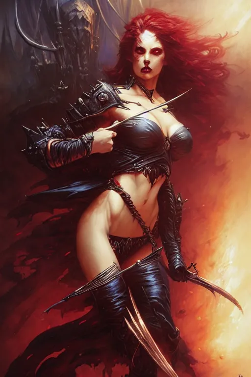 Image similar to powerful female vampire warrior by raymond swanland, gaston bussiere, simon bisley, anna podedworna, ayami kojima, greg rutkowski, maxim verehin