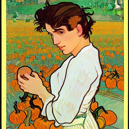 Image similar to painting of handsome young delicate beautiful jeffrey in his 2 0 s with brown hair and gorgeous rina together at the pumpkin patch in october, elegant, clear, painting, stylized, art, art by alphonse mucha, vincent van gogh, egon schiele,