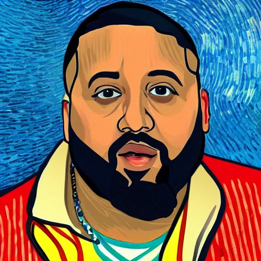 Image similar to ultra detailed portrait photo of dj khaled in a studio, blue, under red and yellow cinematic lighting, by van gogh, cartoon