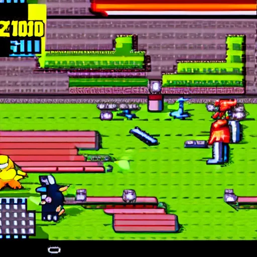 Prompt: a gameboy screenshot of a pokemon fight between onyx and pikachu, both holding firearms