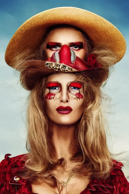Prompt: dolce & gabbana campaign featuring donald trump as a cowgirl, long eyeslashes, huge juicy lips, big seductive eyes, unprocessed colors, # nofilter, shot by annie leibovitz, realistic vfx simulation