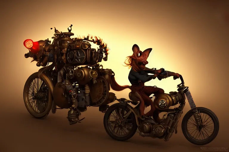 Image similar to a goblin riding a steampunk motorcycle, volumetric light, hyperdetailed, artstation, cgsociety, 8k