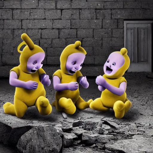 Image similar to A group of 4 Teletubbies, laughing as they use a knife to sacrifice a fellow Teletubby, on a stone table in the living room of an abandoned house. Highly detailed, rendered in unreal engine 5, daguerreotype portrait.