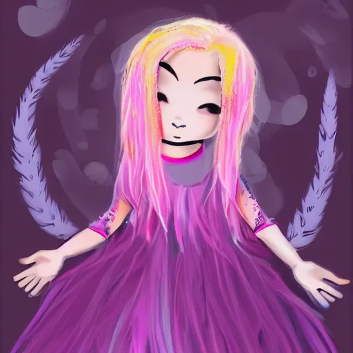 Image similar to little girl with eccentric pink hair wearing a dress made of purple feather, art by dcwj