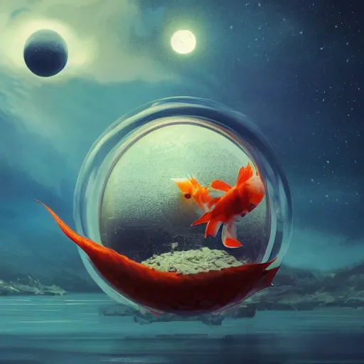 Image similar to a sphere aquarium with two cute koi fish. the aquarium is floating in space, in the size of a planet. the moon is seen in the background. illustration, realistic, by greg rutkowski and ash thorp, vivid colors, detailed, trending on artstation, high quality, cinematic