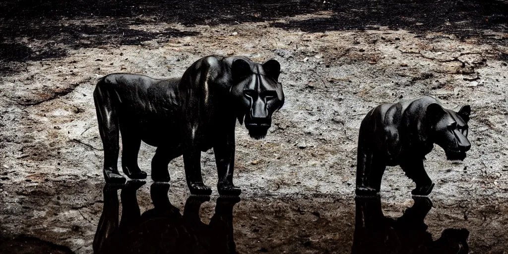 Prompt: the black lioness made of tar, dripping tar, dripping goo, sticky black goo, bathing in the pit filled with tar, dripping goo, sticky black goo. photography, dslr, reflections, black goo, rim lighting, cinematic light, tar pit saturated