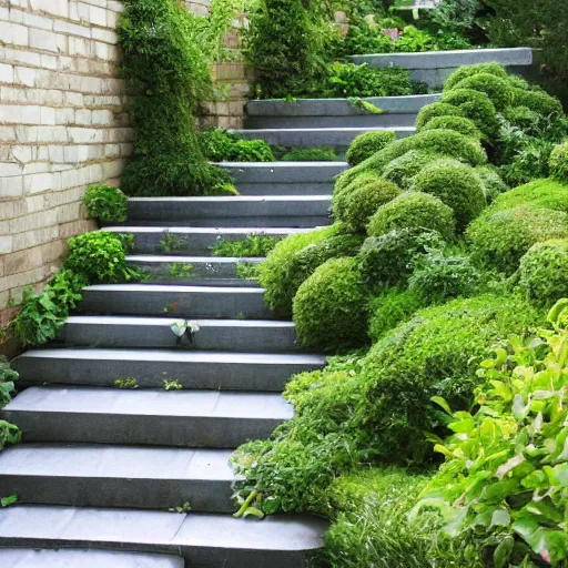 Image similar to lush garden stairs, penrose stairs