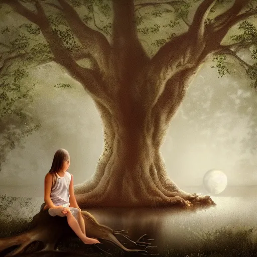 Image similar to a girl sits on the roots of an ancient tree looking at the reflection of the moon in a pond, the moon can be glimpsed through the trees, towering forest veiled by fog, dark fantasy, night time, realistic painting