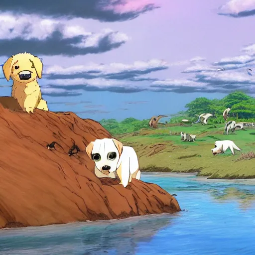 Image similar to dogs in landscape, art style hayao miyazaki, very high detail, 4 k