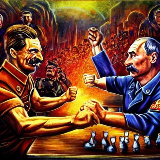 Image similar to picture of ( ( arm wrestling between putin and stalin ) ) in apocalyptic russia, hyperrealistic, digital concept art, sharp focus, 3 5 mm film, caricature illustration, art by magic realism, art by josephine wall, art by huang guangjian, art by viktoria gavrilenko, art by amanda sage, trending on artstation