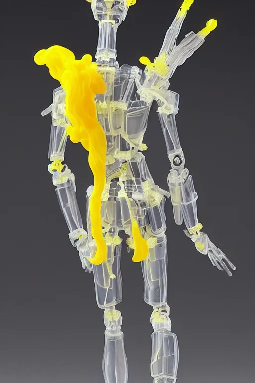 Prompt: a intricate anime figurine that looks like a transparent plastic anime robot with fluo colored details covered in yellow smoke, moody light, flemish painting