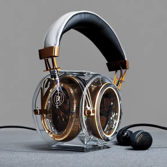 Prompt: masterpiece photo of beautiful hand crafted artistic detailed transparent headphones, bismuth metal, electronics see through, plush leather pad, modernist headphones, bismuth beautiful well designed, hyperrealistic, audiophile, intricate hyper detail, extreme high quality, photographic, audeze, sennheiser, raal, bang olufsen, abyssal