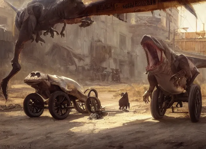 Image similar to oil painting of tyrannosaurus rex with diaper in wheelchair, in dusty wild west street, art by anders zorn, wonderful masterpiece by greg rutkowski, beautiful cinematic light, american romanticism by greg manchess, jessica rossier