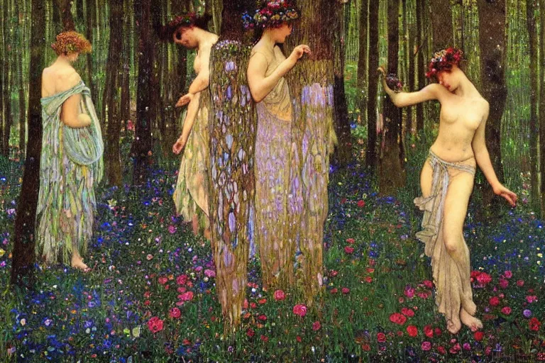 Image similar to dance of fairies in a forest at night, glowing, painting, muted colors, magical, by klimt, by alphonse mucha, by john william waterhouse