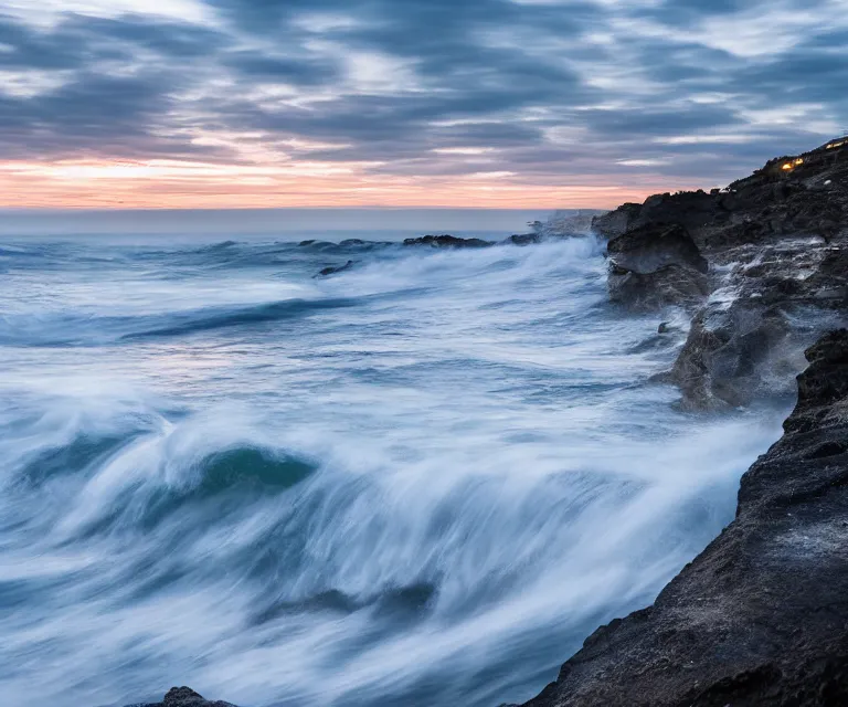 Image similar to long exposure shot of waves crashing against a cliff at sunset