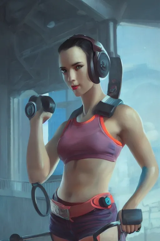 Image similar to a portrait of a cute female gym instructor, dieselpunk setting, vivid colors, soft lighting, atmospheric, cinematic, moody, in the style of artgerm and greg rutkowski, oil on canvas, 8 k