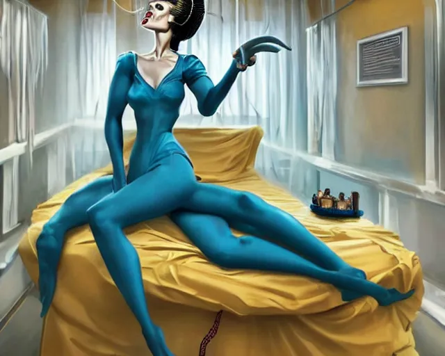 Prompt: phtorealistic modern pin up of the bride of frankenstein posing in a bed in the room of a sanatarium, full body, campy color scheme, realistic, center, smooth, golden ratio, detailed, aly fell, daniela uhlig