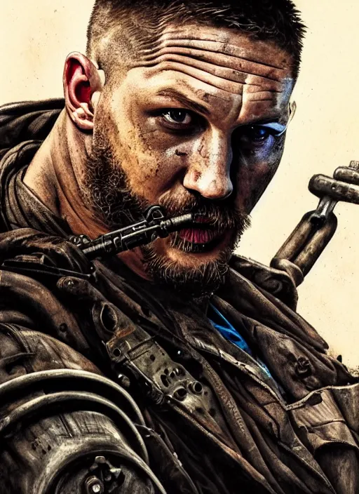 Image similar to portrait of Tom Hardy as a mechanic character in Mad Max: Fury Road, looking at camera, intricate, dystopian, sci-fi, extremely detailed, digital painting, artstation, concept art, smooth, sharp focus, illustration, soft lighting, incredible art by artgerm and greg rutkowski and alphonse mucha and simon stalenhag