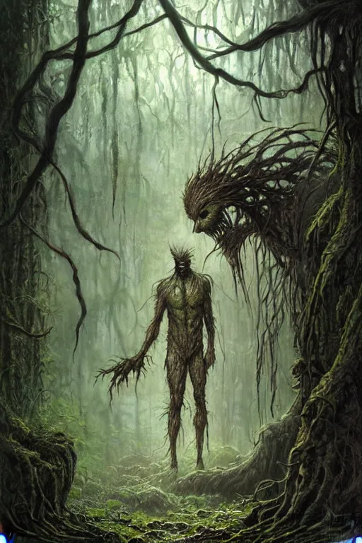 Image similar to realistic photo of the swamp thing, through the creepy forest, on the way lies a rotting corpse among the rocks. and he takes it in his hands. deep focus, intricate, elegant, highly detailed, digital painting, station art, concept art, matte, sharp focus, illustration, art by artgerm and greg rutkowski and alphonse mucha