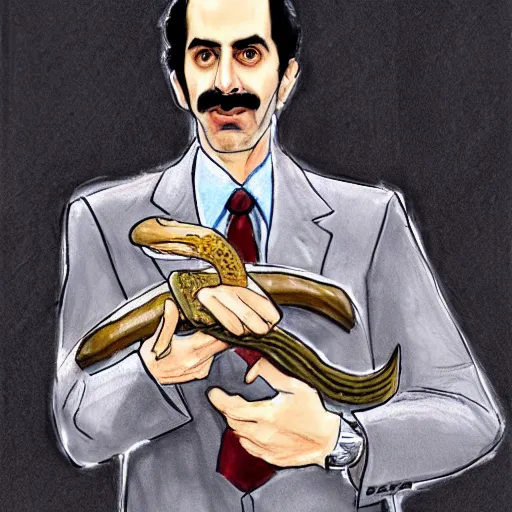 Image similar to courtroom sketch of borat holding a rattle snake, high quality, high resolution