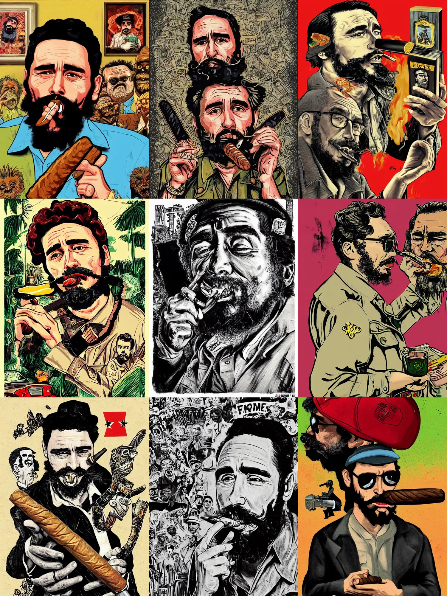 Prompt: James Franco as Fidel Castro smoking a large cigar, lowbrow, pop surrealism art style, contemporary art illustration, intricate 8K detail, in the style of Big Daddy Roth artwork, Grand Theft Auto character design aesthetic
