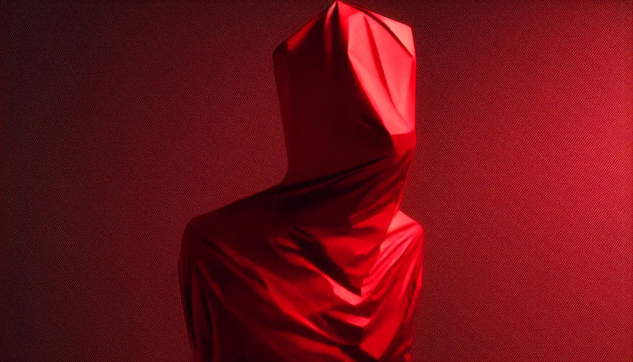 Image similar to enigmatic figure wrapped in red sheet in darkness, high contrast, hard light, digital art, rendering, cloth simulation, redshift